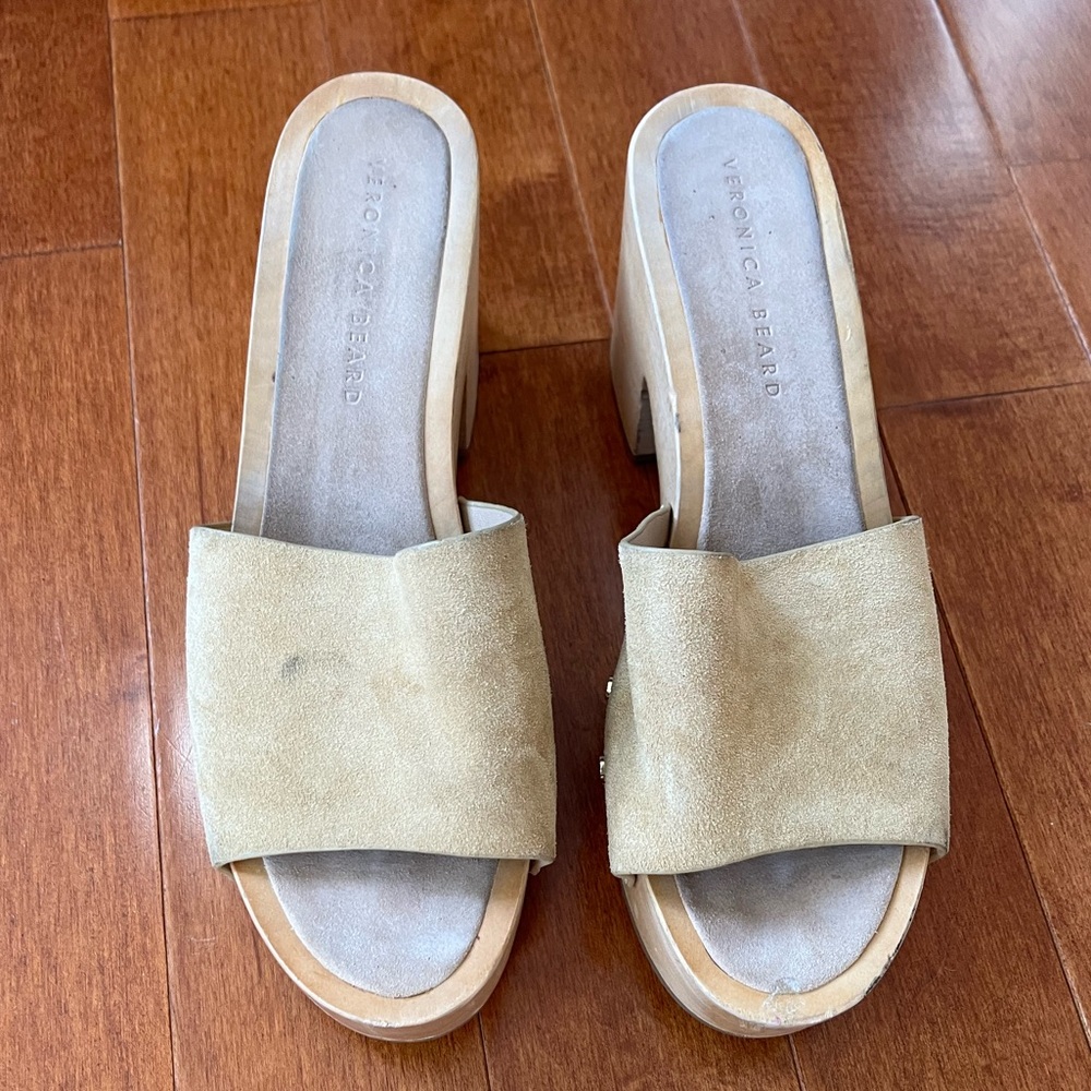 Veronica Beard Tan Desert Calfskin Suede Hannalee Clog Sandals Shoes Sz. 10 - Picture 3 of 9